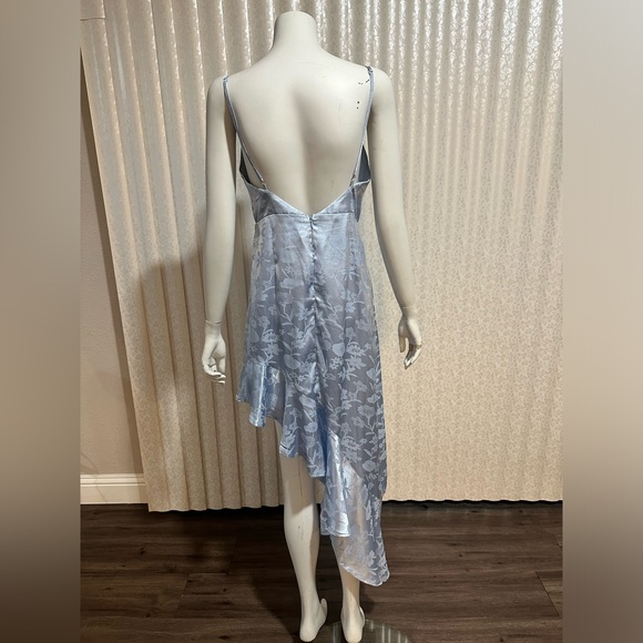 Love It Light Blue Satin Floral Jacquard Asymmetrical Midi Dress - Picture 7 of 7